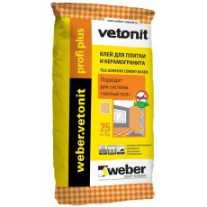Клей для плитки и керамогранита цементный Вебер.Ветонит Профи Плюс (weber.vetonit Profi Plus) для наружных и внутренних работ с низким пылеобразованием, 25кг