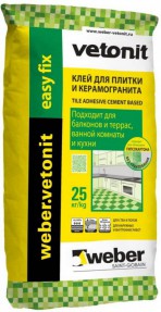 Клей для плитки и керамогранита цементный Вебер.Ветонит Изи Фикс (weber.vetonit Easy Fix) для наружных и внутренних работ, 25кг